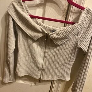 Gray Ribbed Off-Shoulder Sweater
